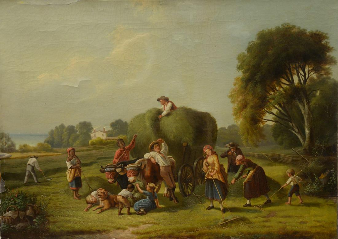 Island Farming Scene, having several figures raking,: Island Farming Scene, having several figures raking, two ox pulling a cart, and a dog, oil on wax lined canvas, unsigned, 19th century, 26" x 36".