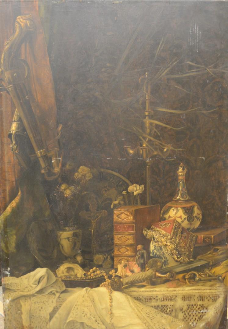 Unknown Artist (19th century), still life with dagger,: Unknown Artist (19th century), still life with dagger, oil on cradled panel, signed and dated lower left "F. Willet R., April 1883," 39 1/2" x 26 1/2".