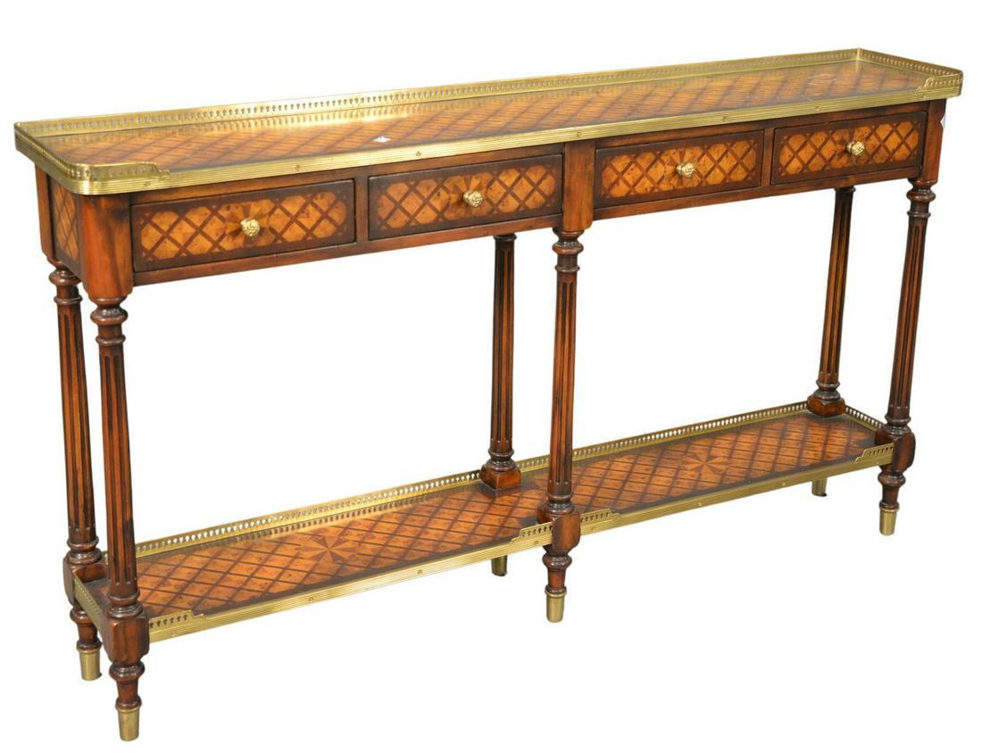 Inlaid Sofa Table, having brass gallery over four: Inlaid Sofa Table, having brass gallery over four drawers, set on fluted columns and brass capped feet, height 33 inches, top 10 1/2" x 58".