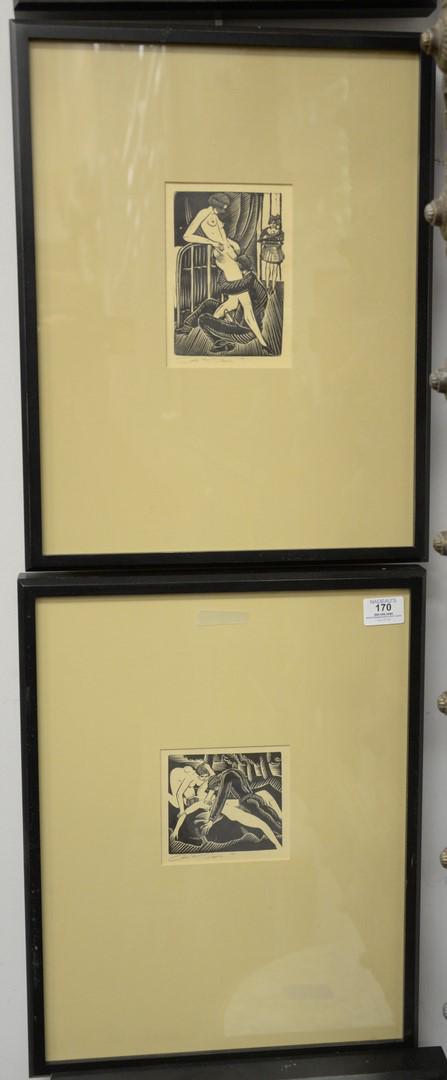 Four Otto Schatz (Austrian, 1900-1961), erotic: Four Otto Schatz (Austrian, 1900-1961), erotic woodblocks on paper, each signed and dated "27" in pencil in the lower margin, largest 5" x 3 3/4".