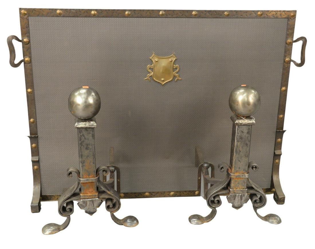 Three Pairs of Arts and Crafts Style Fireplace Screens: Three Pairs of Arts and Crafts Style Fireplace Screens and Andirons, screen height 33 1/2 inches, width 48 inches; andiron height 23 inches.