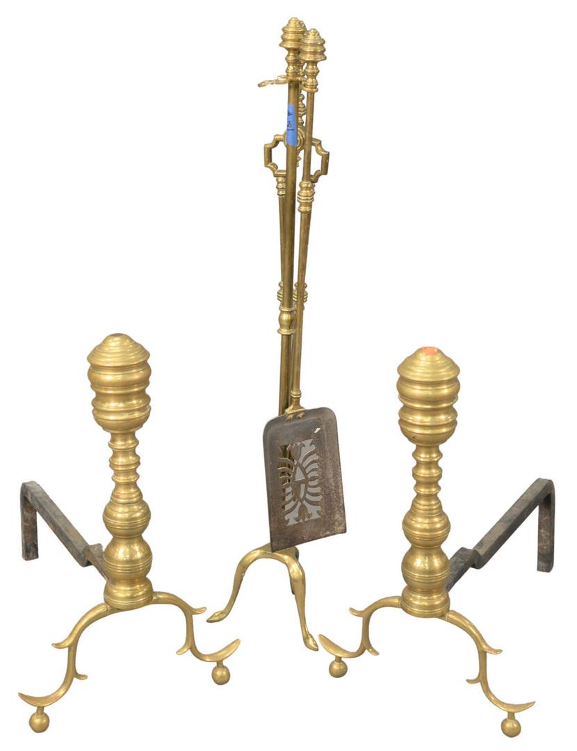 Pair of Federal Brass Andirons and Tools, with holder,: Pair of Federal Brass Andirons and Tools, with holder, circa 1820, height 21 inches.