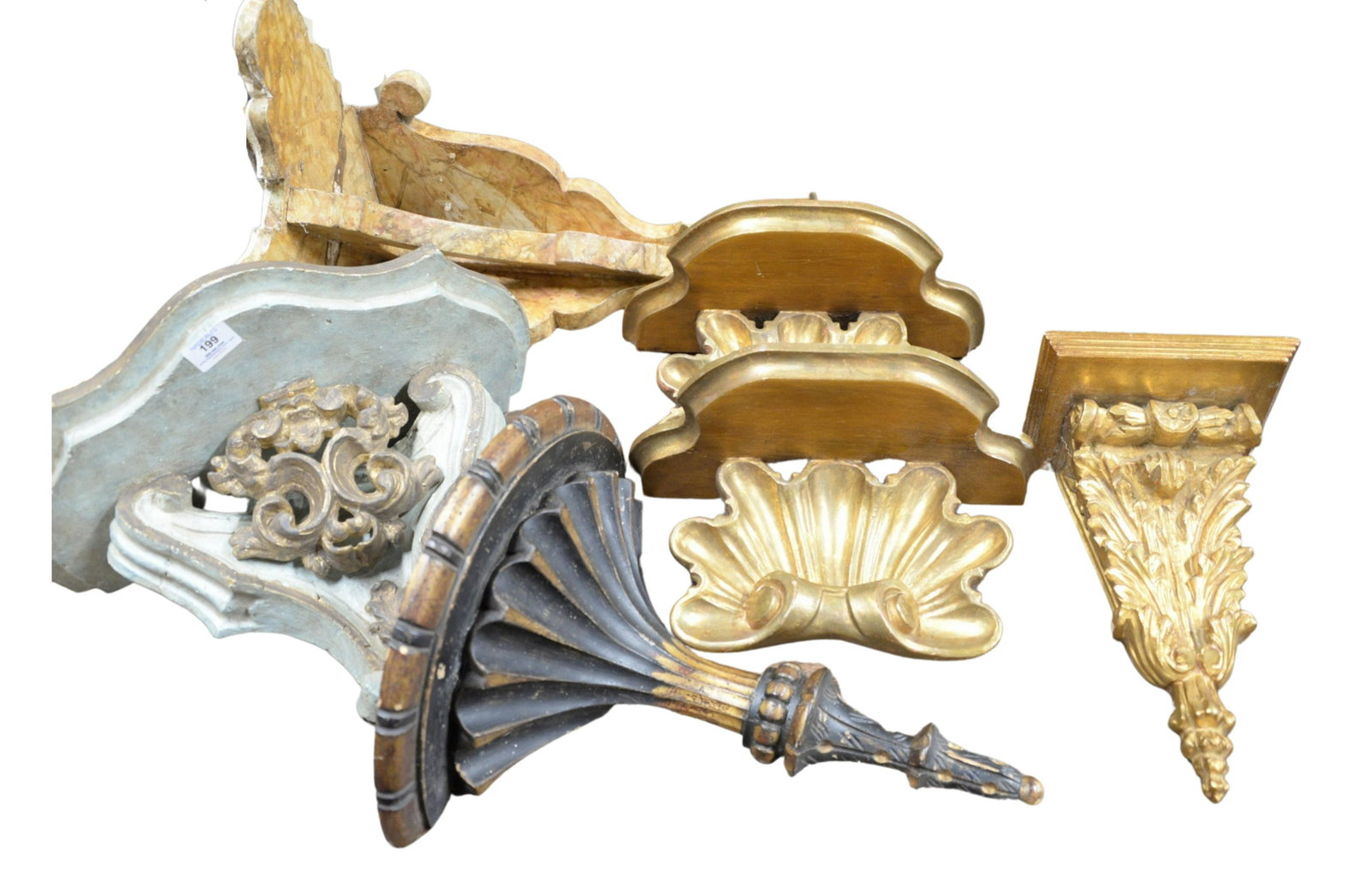 Group of Seven Painted Wood Bracket Shelves, to include: Group of Seven Painted Wood Bracket Shelves, to include one giltwood pair, largest height 15 1/2 inches, width 13 1/2 inches, depth 12 1/2 inches.