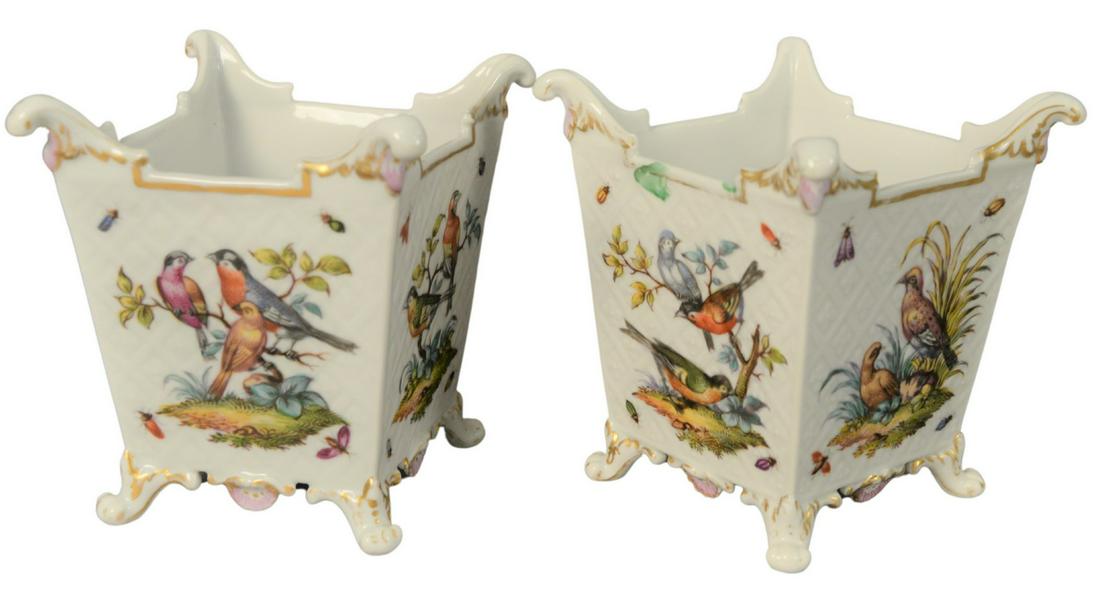 Pair of Augustus Rex Porcelain Cache Pots, both having: Pair of Augustus Rex Porcelain Cache Pots, both having painted bird motif, height 5 3/4, width 5 1/4 inches.