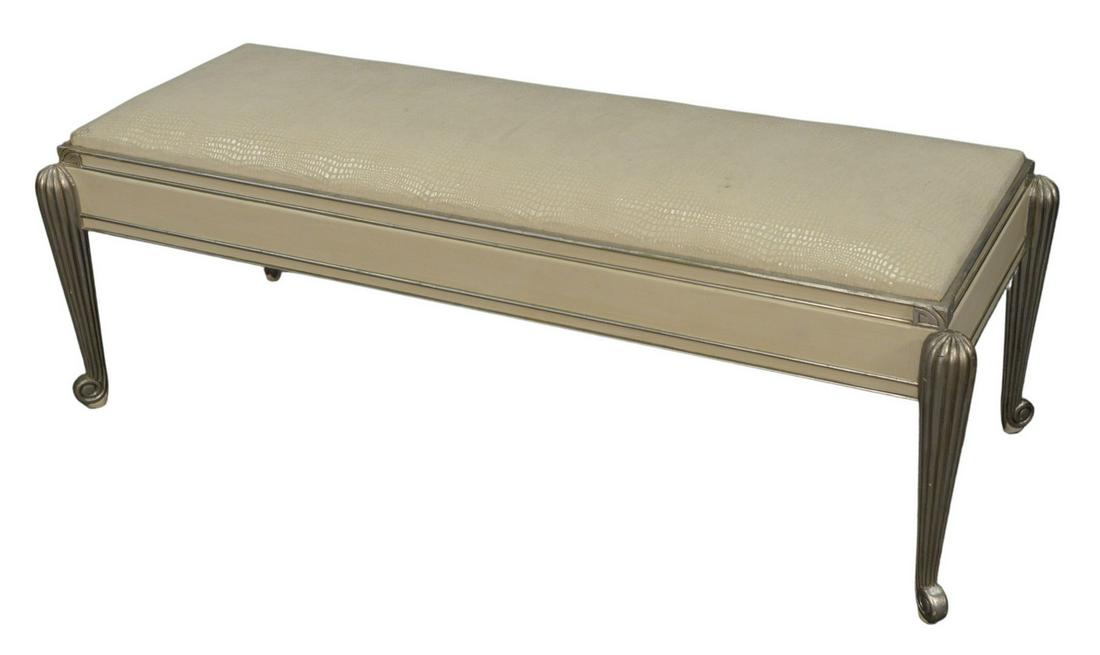 Albert Hadley Custom “Tiffany” Bench, having faux: Albert Hadley Custom “Tiffany” Bench, having faux snake skin fabric, raised on silver gilt decorated legs, terminating in scrolled feet, height 18 inches, top 18" x 48", purchased from Albert Hadl