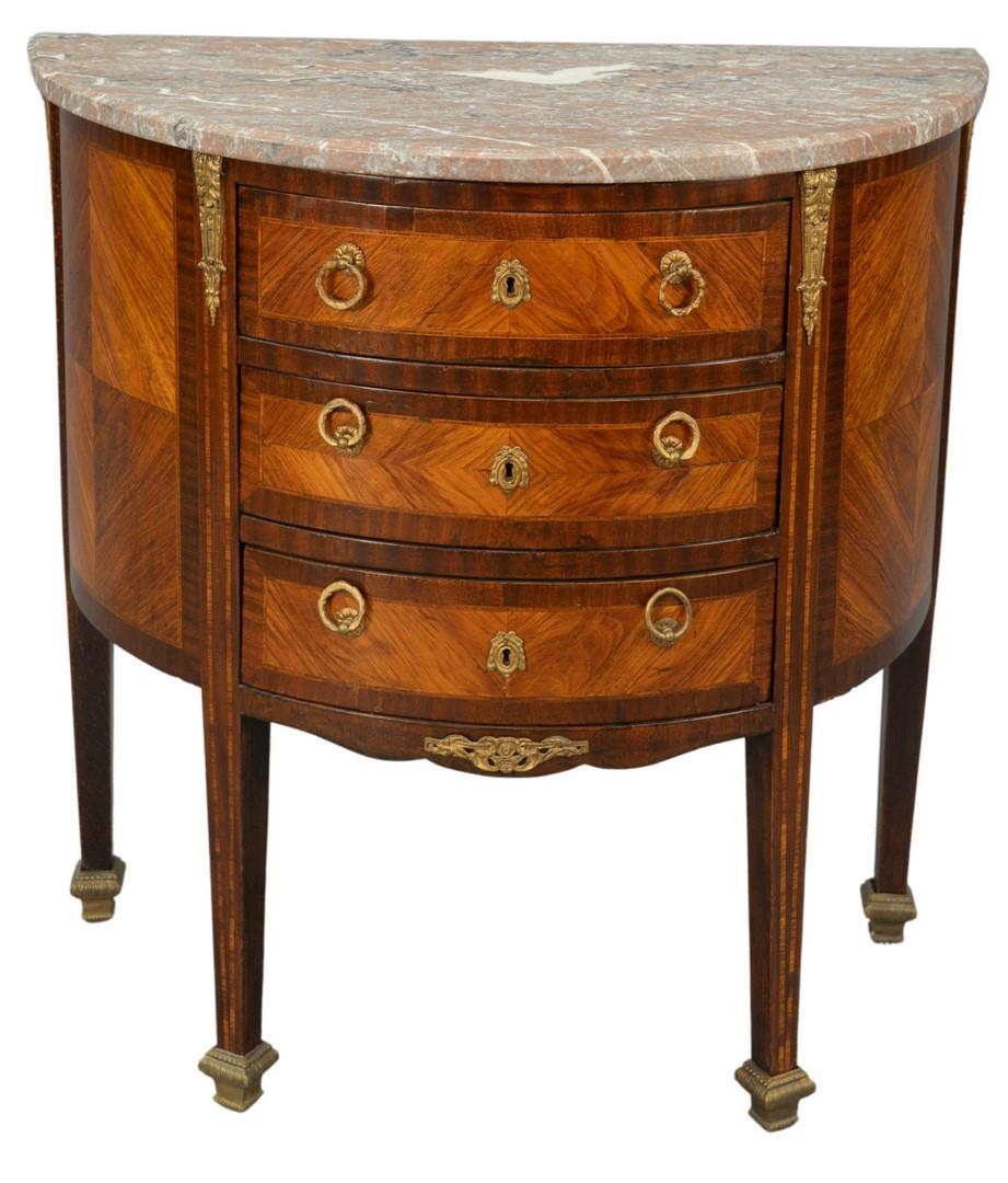 Louis XVI Style Demilune Commode, having marble top and: Louis XVI Style Demilune Commode, having marble top and bronze mounts, height 33 inches, width 32 inches, depth 17 inches.