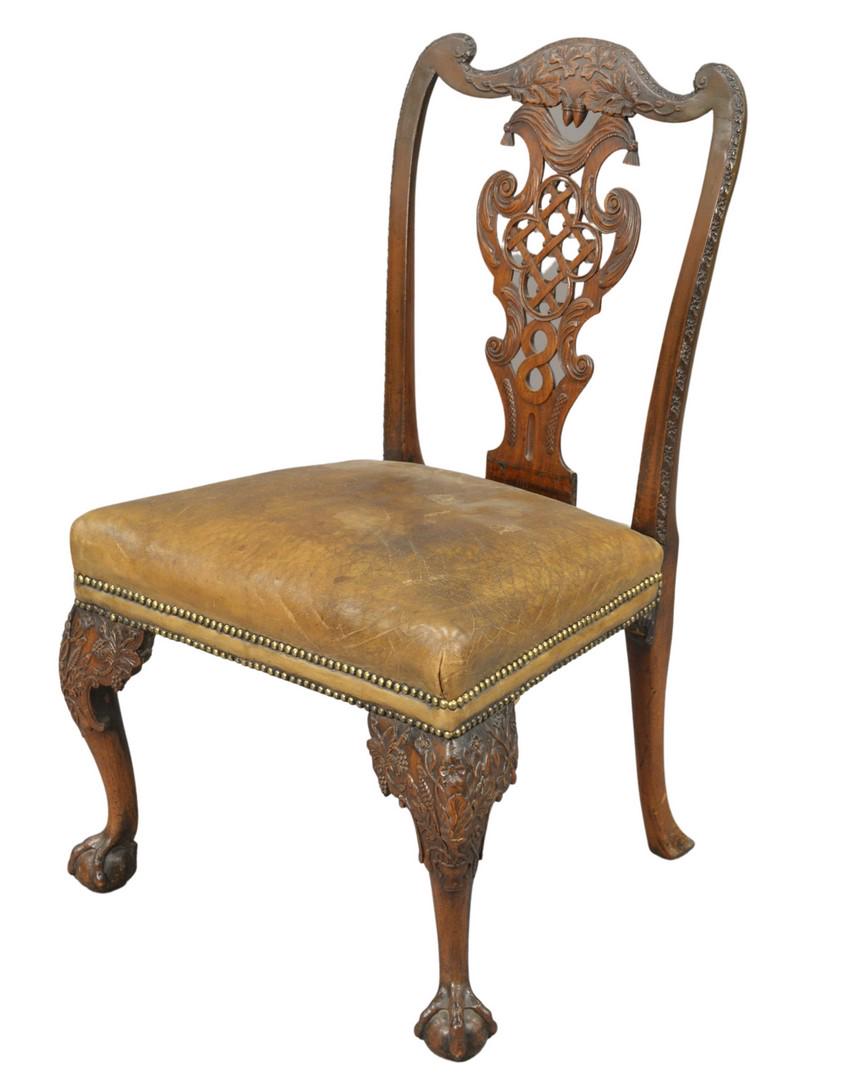 George III Mahogany Side Chair, having carved splat: George III Mahogany Side Chair, having carved splat with leather seat, ball and claw feet, seat height 17 1/2 inches.