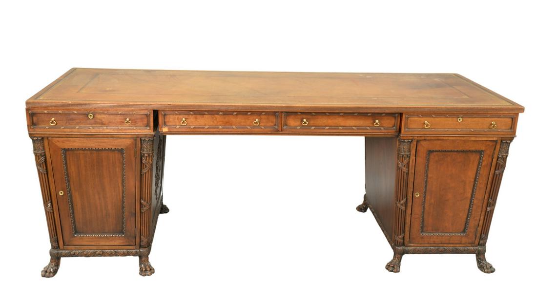 English Regency Style Mahogany Partners Desk, having: English Regency Style Mahogany Partners Desk, having leather top, sarcophagus form with doors and drawers, set on paw feet, height 32 inches, top 30" x 82".