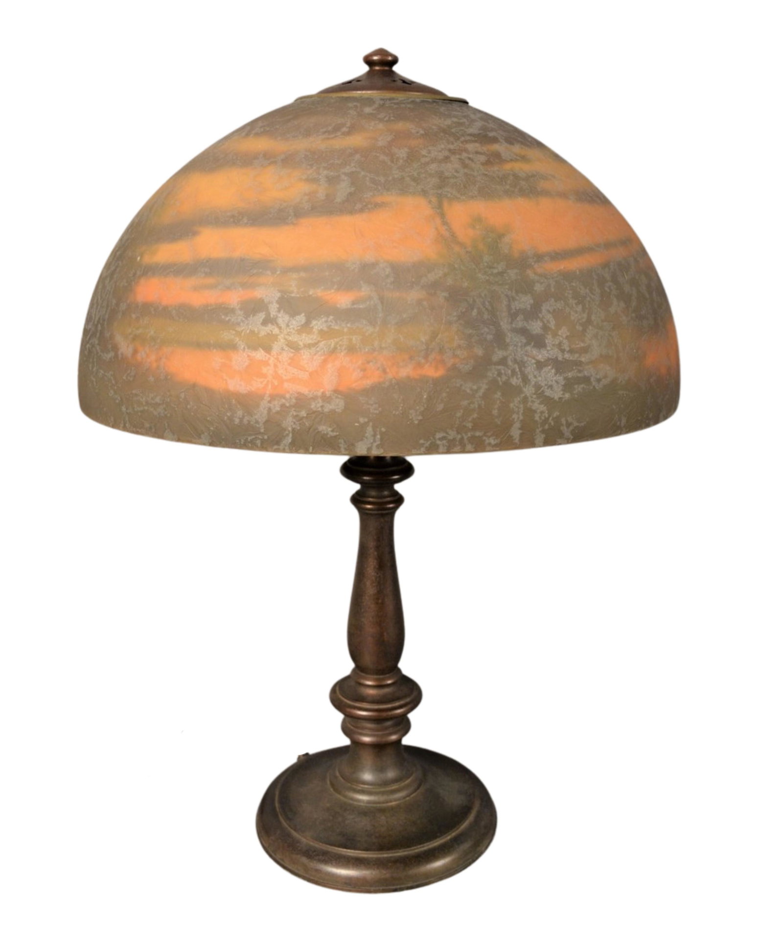 Handel Reverse Painted Table Lamp, having reverse: Handel Reverse Painted Table Lamp, having reverse painted sunset landscape scene on waters edge, resting on bronze base, shade signed on the rim: Handel 6961 JB; also marked on brass rim: Handel Lamps