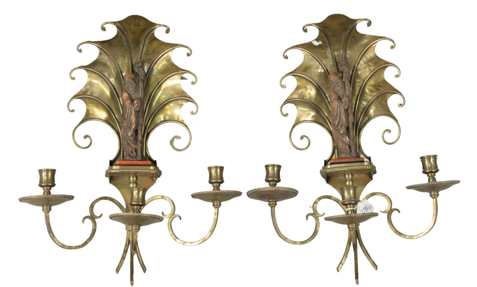 Pair of Oriental Hammered Brass Three Light Wall: Pair of Oriental Hammered Brass Three Light Wall Sconces, each having an Asian male form to the center, height 17 inches, width 14 inches.