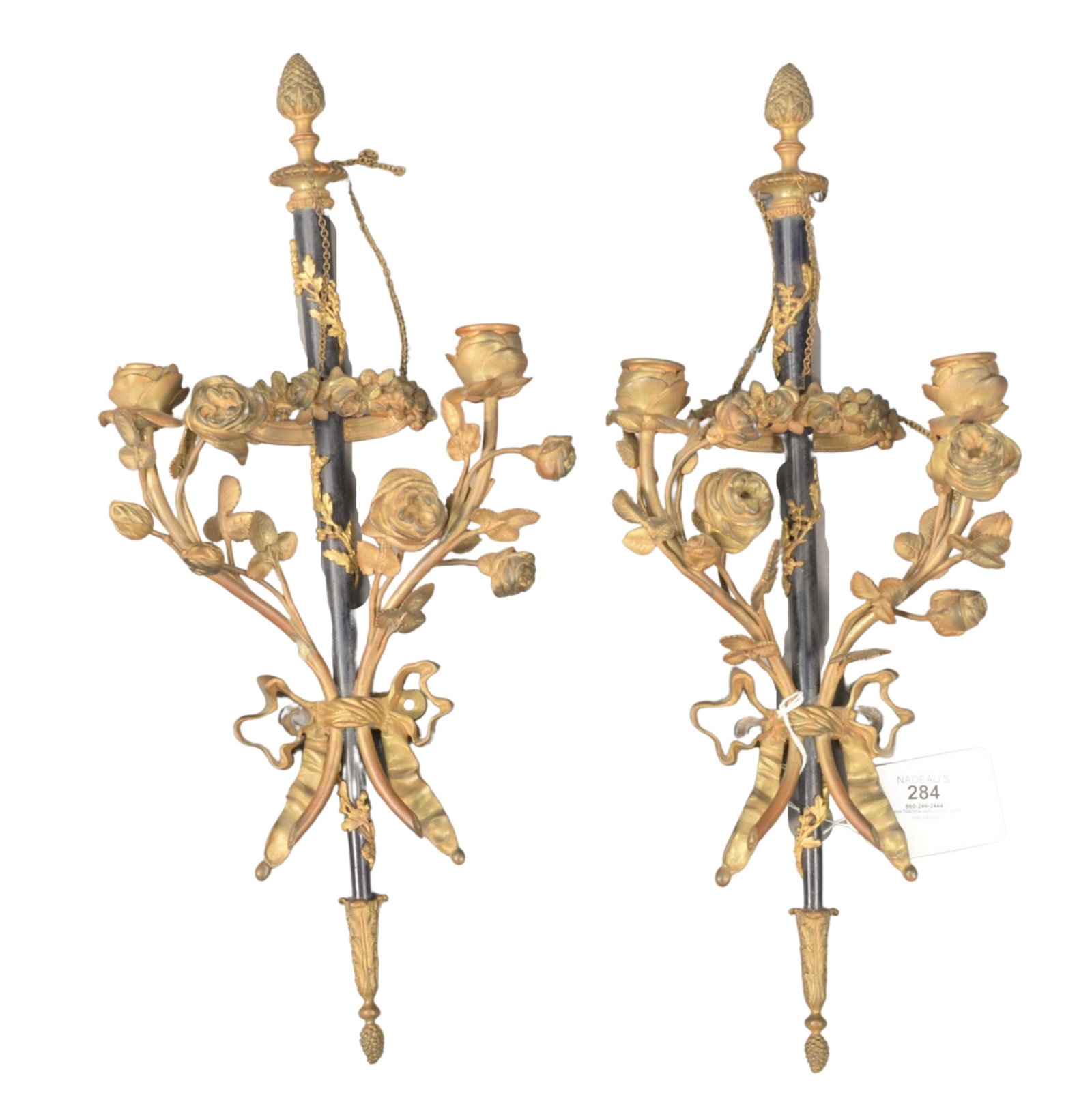 Pair of French Gilt Bronze Two Light Wall Sconces: Pair of French Gilt Bronze Two Light Wall Sconces having floral forms, not electrified, height 19 inches, width 7 inches.
