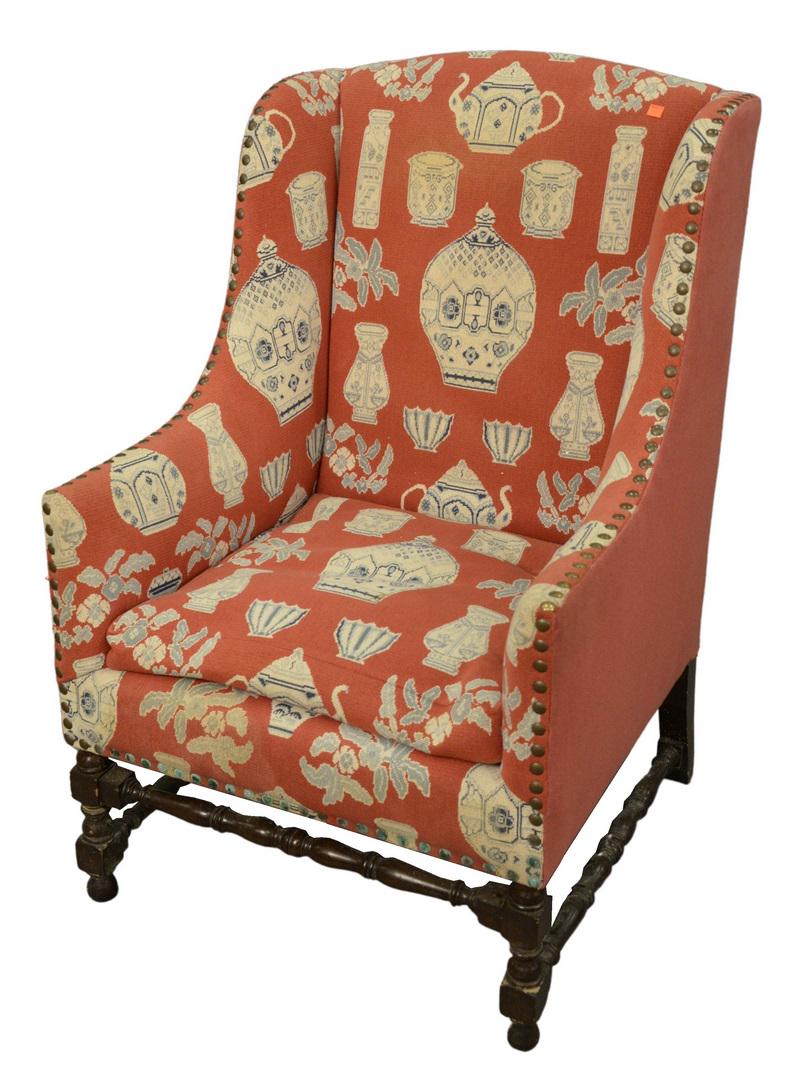 French Style Wing Chair having stretcher base, seat: French Style Wing Chair having stretcher base, seat height 19 inches, width 28 inches.