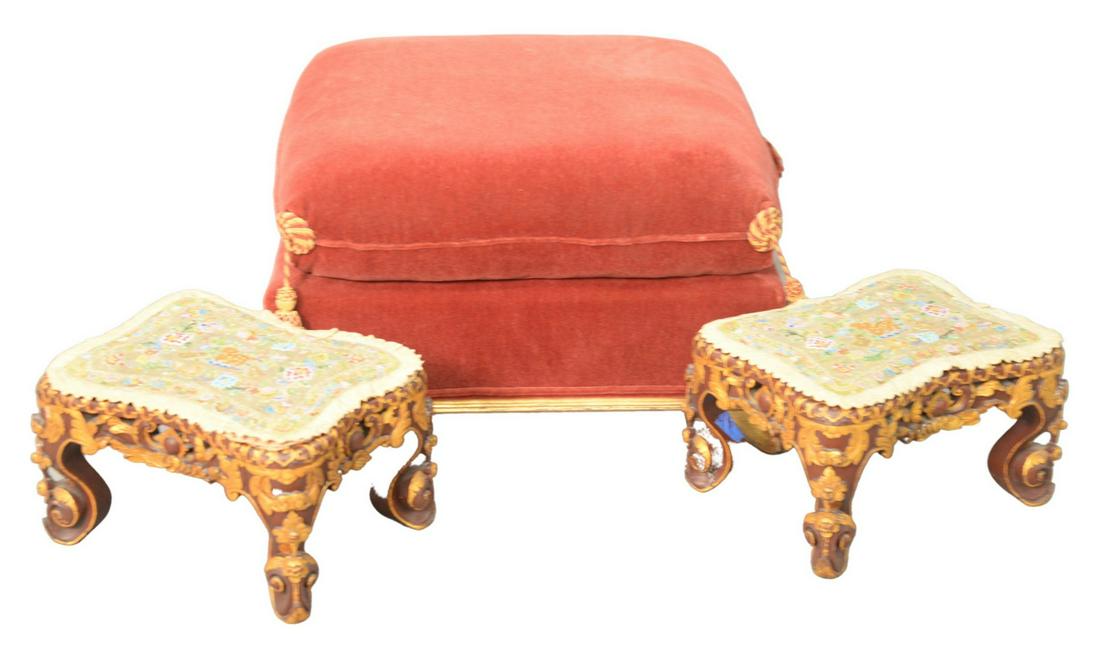 Three Piece Lot to include pair of gilt decorated and c: Three Piece Lot to include pair of gilt decorated and carved far eastern stools having beadwork covered tops, height 7 1/2 inches, top 9 1/2" x 13", along with red upholstered stool.
