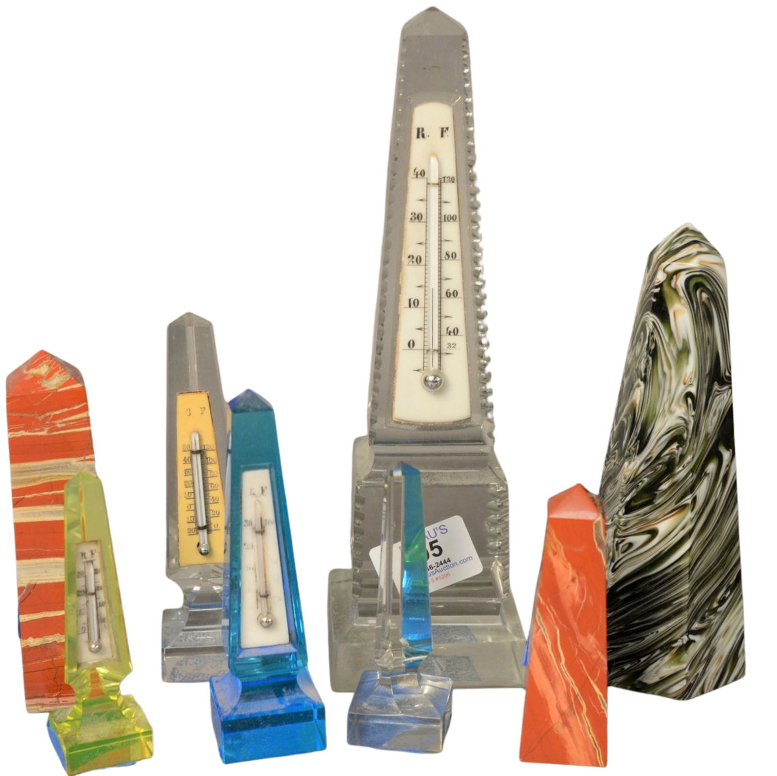 Group of Eight Marble and Crystal Obelisks and: Group of Eight Marble and Crystal Obelisks and Thermometers, 19th century or later, tallest height 10 1/2 inches.