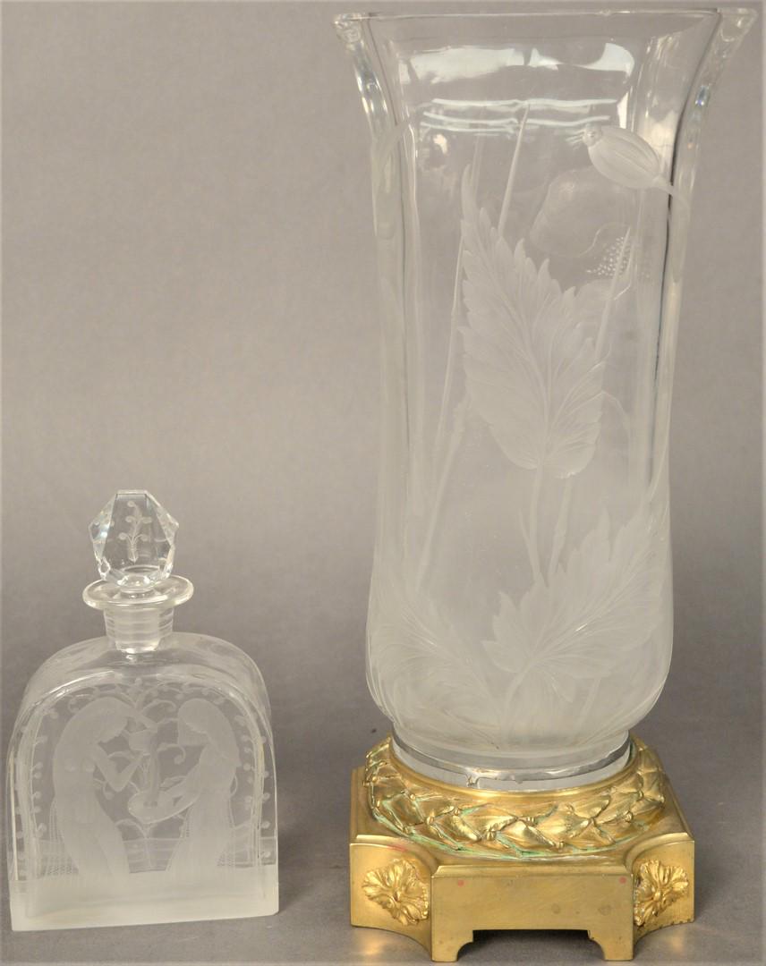 Two Etched Glass Pieces, to include Orrefors Intaglio: Two Etched Glass Pieces, to include Orrefors Intaglio perfume bottle; along with French glass vase depicting goose with flowers and leaves, heights 5 1/2 and 11 1/2 inches.