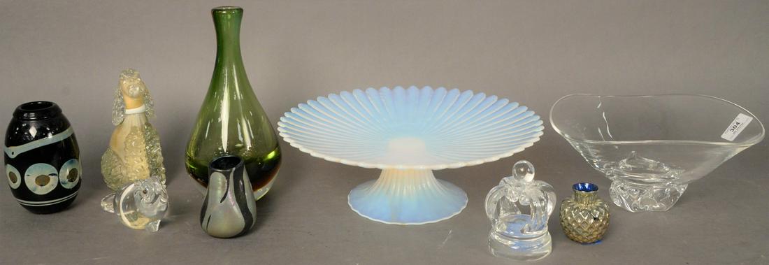 Nine Piece Group of Art Glass, to include Steuben: Nine Piece Group of Art Glass, to include Steuben footed bowl; Blenko green glass vase; glass poodle and hippo; a glass crown; along with three small glass vases and an iridescent compote, height 4 in