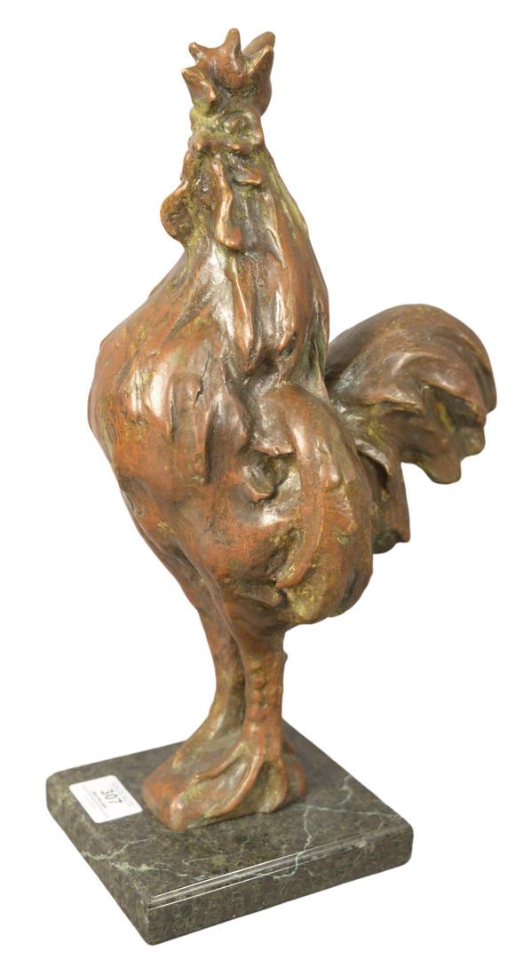 After Rembrandt Bugatti (Italian, 1884-1916), Rooster,: After Rembrandt Bugatti (Italian, 1884-1916), Rooster, bronze with patina, marked on the edge "R. Bugatti", height 16 1/2 inches, width 6 1/2 inches, depth 7 1/2 inches.