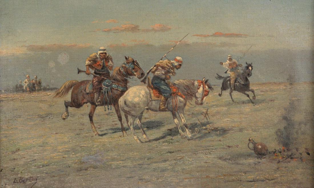 Louis Berton (French, 19th century), Arabian Equestrian: Louis Berton (French, 19th century), Arabian Equestrian scene, oil on canvas, signed lower left "L Berton" 8 3/8" x 12 3/8".