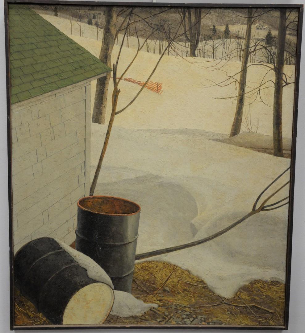 Jerry Pfohl (American, 1929 - 2010), March, oil on: Jerry Pfohl (American, 1929 - 2010), March, oil on Masonite, signed lower right Pfohl, signed and titled on the reverse: March/Jerry Pfohl; 28" x 24", having a partial Janet Nessler Gallery label adhe