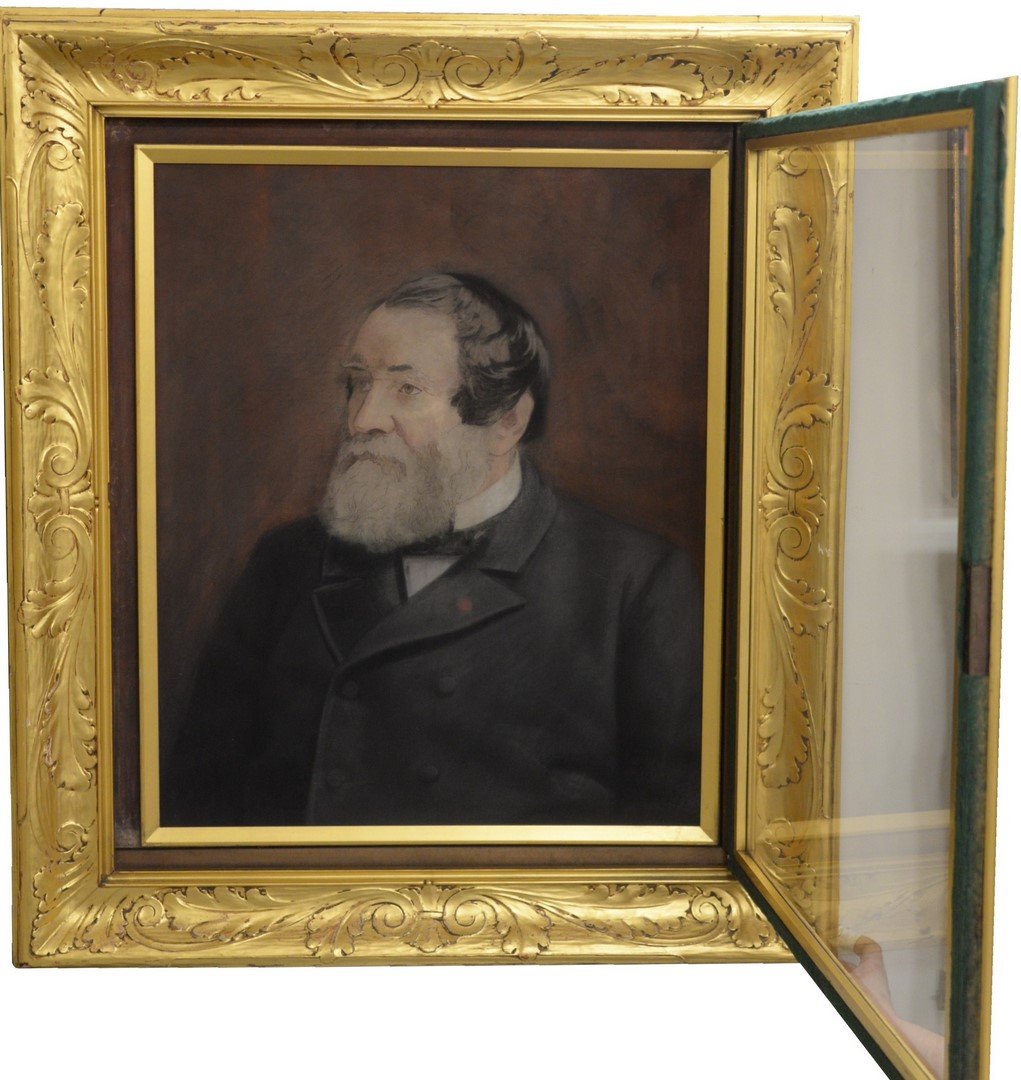 American School (late 19th century), Portrait of a: American School (late 19th century), Portrait of a Gentleman, pastel on paper, signed faintly lower right: L.S.G. Parker 93, in gilt frame with hinged glass door, sight size 27 1/2" x 22".