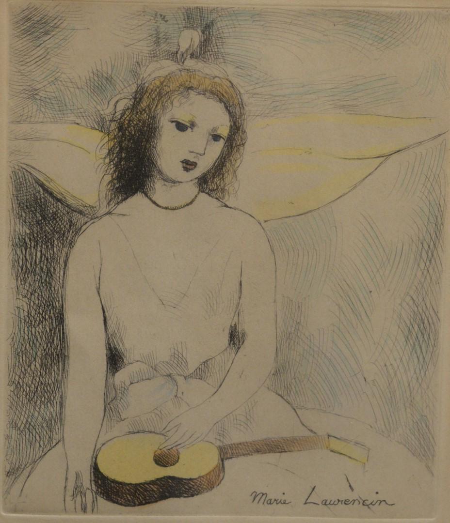 Three piece group of Marie Laurencin (French, 1883 -: Three piece group of Marie Laurencin (French, 1883 - 1956), Girl and Guitar, engraving on paper with hand coloring, along with two framed reproductions, 7 3/4" x 6 1/2".