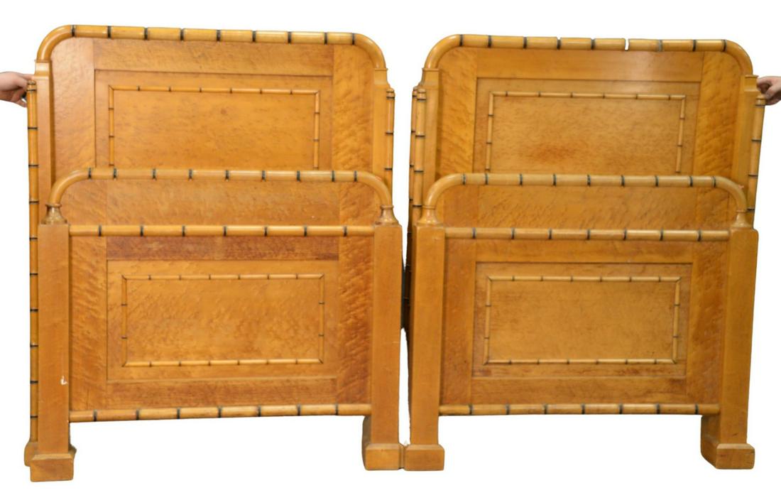 Pair of Faux Bamboo and Birdseye Maple Victorian Twin: Pair of Faux Bamboo and Birdseye Maple Victorian Twin Beds, along with rails, attributed to Horner, height 55 inches.