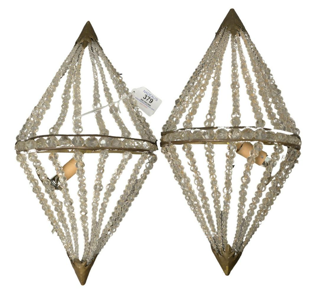 Pair of French Beaded Wall Sconces, each having one: Pair of French Beaded Wall Sconces, each having one light, length 15 inches, width 9 inches.