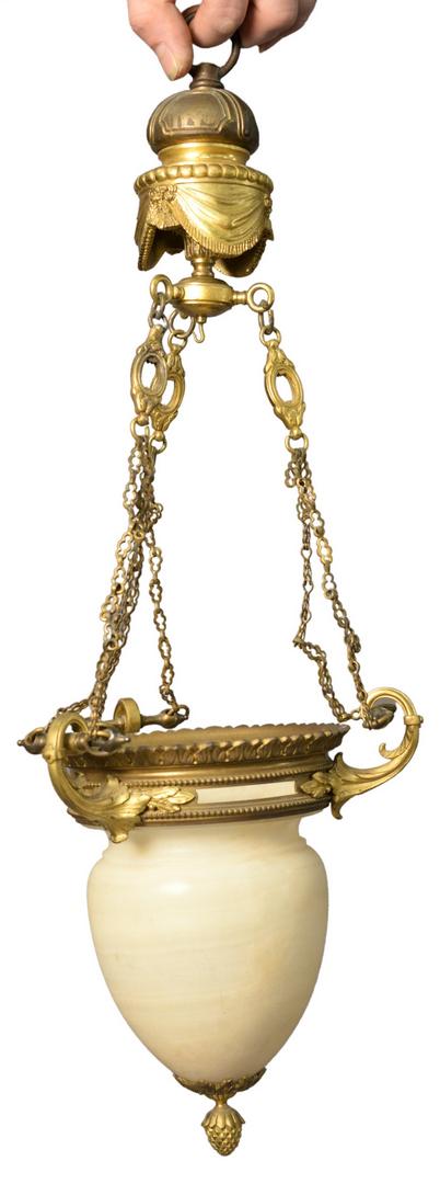 Small Gilt Bronze and Alabaster hanging Lantern, diamet: Small Gilt Bronze and Alabaster hanging Lantern, diameter 9 inches.