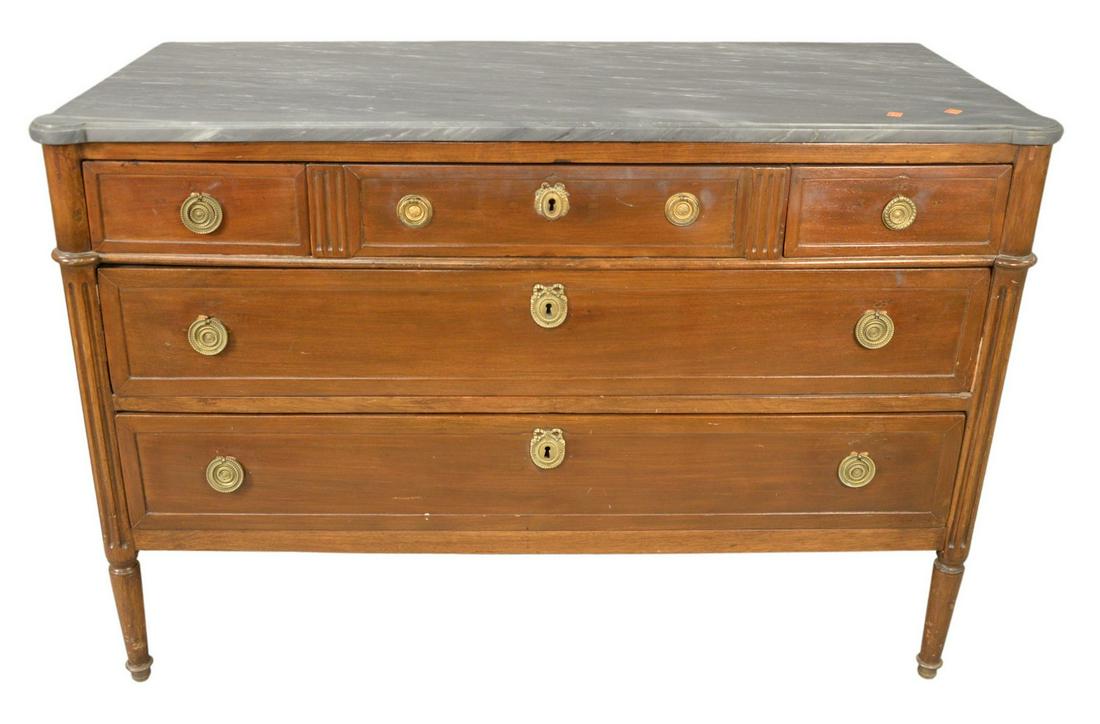 Louis XVI Style Commode, having marble top and three: Louis XVI Style Commode, having marble top and three over two drawers, width 50 inches, height 34 inches, depth 23 inches.