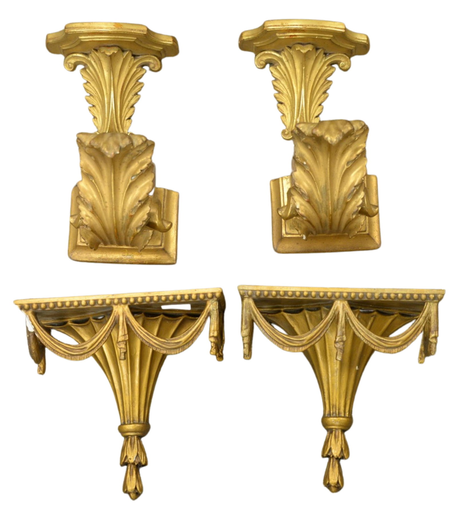Three Pairs of Gilt Shelf Brackets, largest pair:: Three Pairs of Gilt Shelf Brackets, largest pair: height 14 inches, width 8 1/2 inches, depth 8 inches, (two pairs with loss).