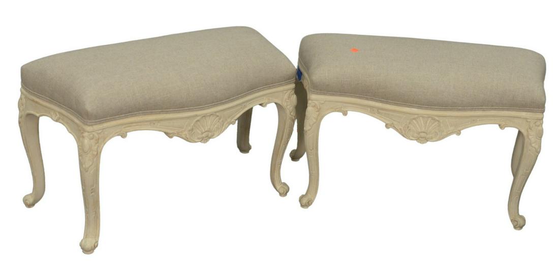 Pair of Louis XV Style Upholstered Footstools, height: Pair of Louis XV Style Upholstered Footstools, height 17 inches, width 28 inches.