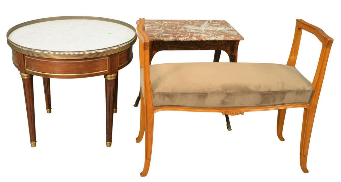 Three Piece Lot, to include a rosewood Louis XV style: Three Piece Lot, to include a rosewood Louis XV style table, having brown and white marble top, height 22 inches, top 15" x 21 1/2"; and upholstered bench; along with a Louis XVI style table having br