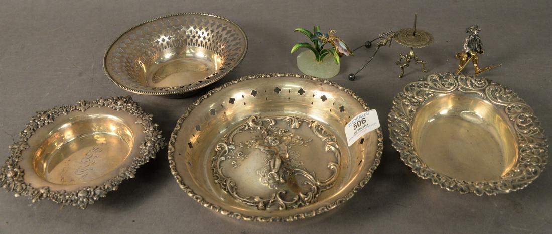 Eight Piece Group to include four sterling silver: Eight Piece Group to include four sterling silver bowls, one marked Gorham, along with three small figurines, 16.9 t.oz. weighable.