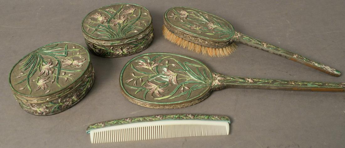 Five Piece Enameled Silver Plated Dresser Set, mirror: Five Piece Enameled Silver Plated Dresser Set, mirror length 13 1/2 inches.