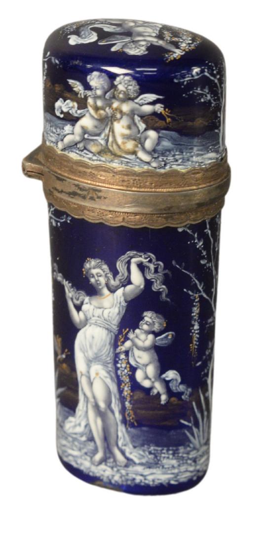 Enameled Perfume Bottle having cobalt blue enamel with: Enameled Perfume Bottle having cobalt blue enamel with white and gilt gold painted figures, opening to glass stopper and gold wash interior, height 3 1/4 inches.