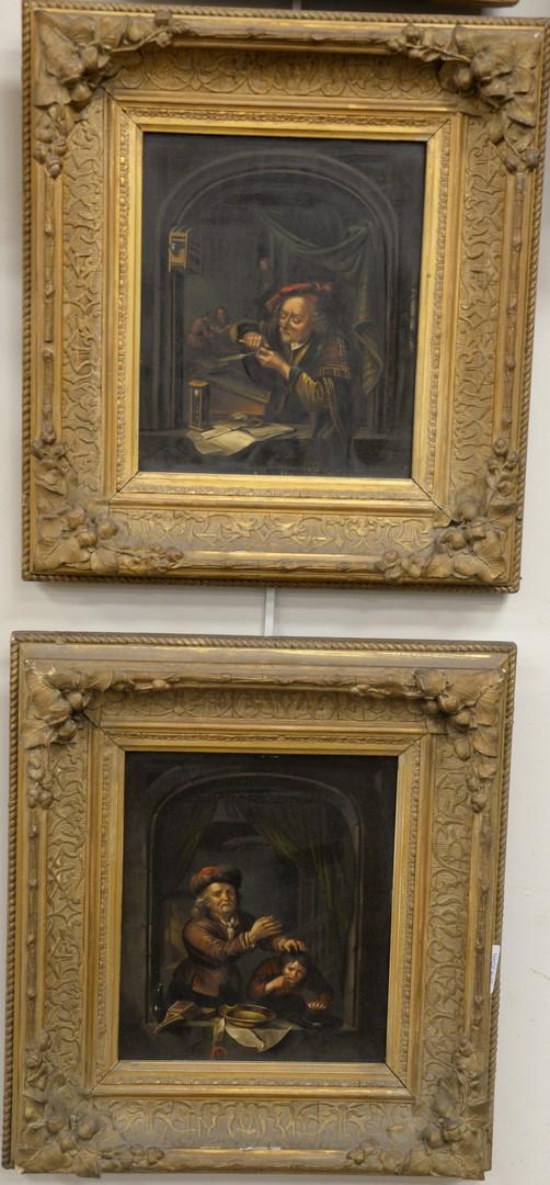 Continental School (19th century) pair of oil on panel: Continental School (19th century) pair of oil on panel scenes, one depicting a dentist, both unsigned, 10" x 8 1/2".
