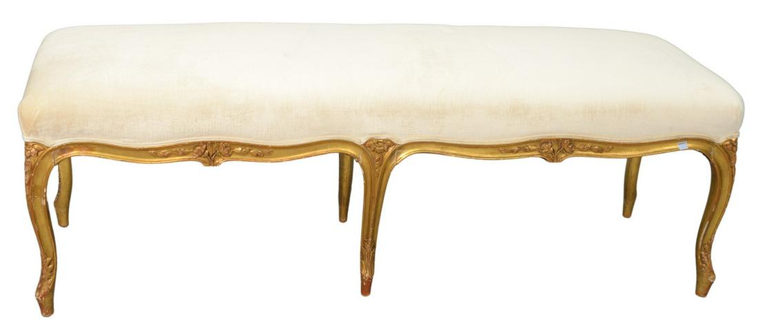 Louis XV Style Bench having carved frame and custom: Louis XV Style Bench having carved frame and custom upholstered top, height 21 inches, top 19" x 60".