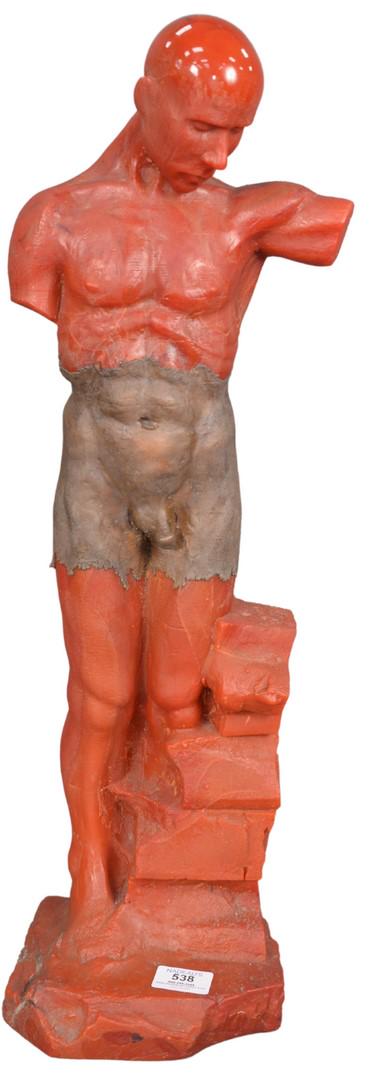 Paul Joseph Nelson (American, b. 1945), red male nude,: Paul Joseph Nelson (American, b. 1945), red male nude, red sculpted glass and bronze, signed and dated to the base "Paul J. Nelson, 99" height 27 inches, width 6 1/2 inches, depth 5 1/2 inches.