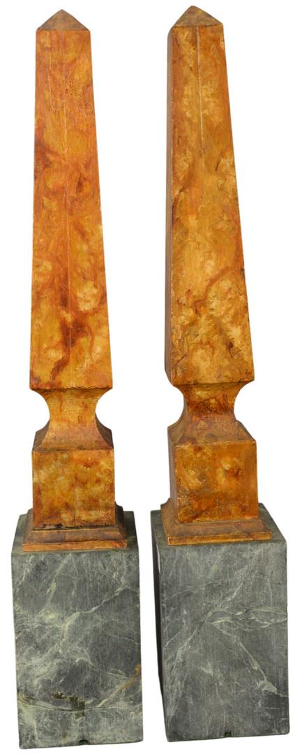 Pair of Orange Painted Wooden Obelisks mounted on green: Pair of Orange Painted Wooden Obelisks mounted on green hardstone bases, height 35 inches, width 5 3/4 inches, depth 6 inches.