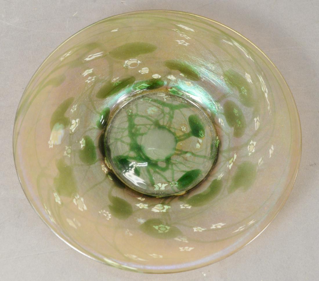 Attributed to Tiffany Studios Favrile Millefiori Glass: Attributed to Tiffany Studios Favrile Millefiori Glass Plate, unmarked, diameter 8 inches.