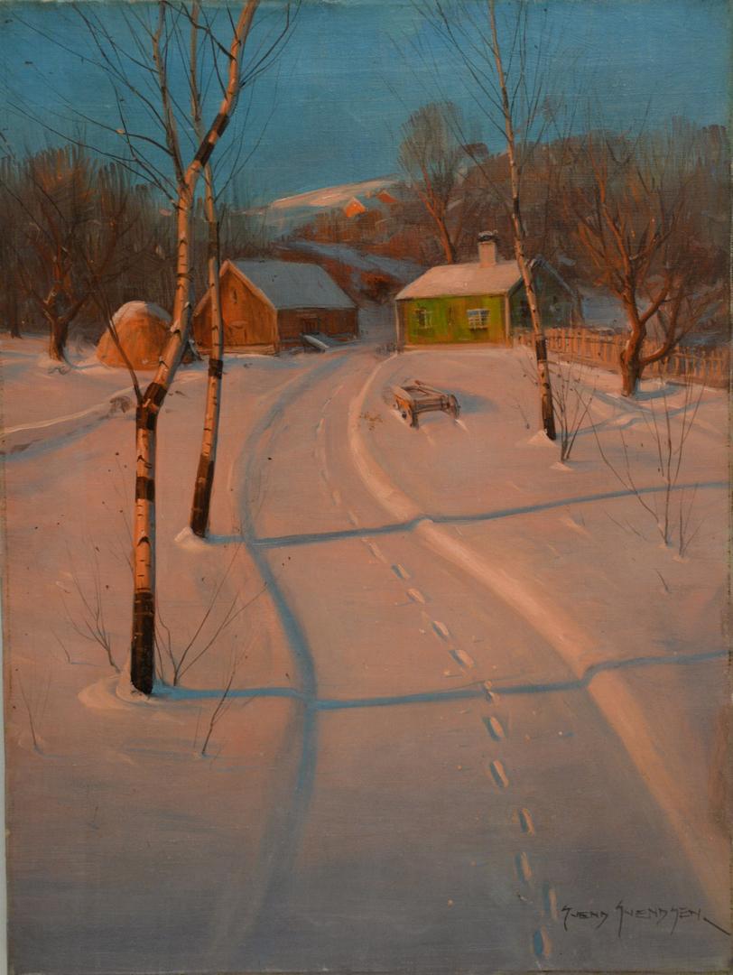 Two piece lot of Svend Svendsen (Norwegian/American,: Two piece lot of Svend Svendsen (Norwegian/American, 1864 - 1945) a snowy landscape, oil on canvas, signed lower right, along with a pastel on paper, attributed to Svendsen, unsigned, 24" x 18"; sight