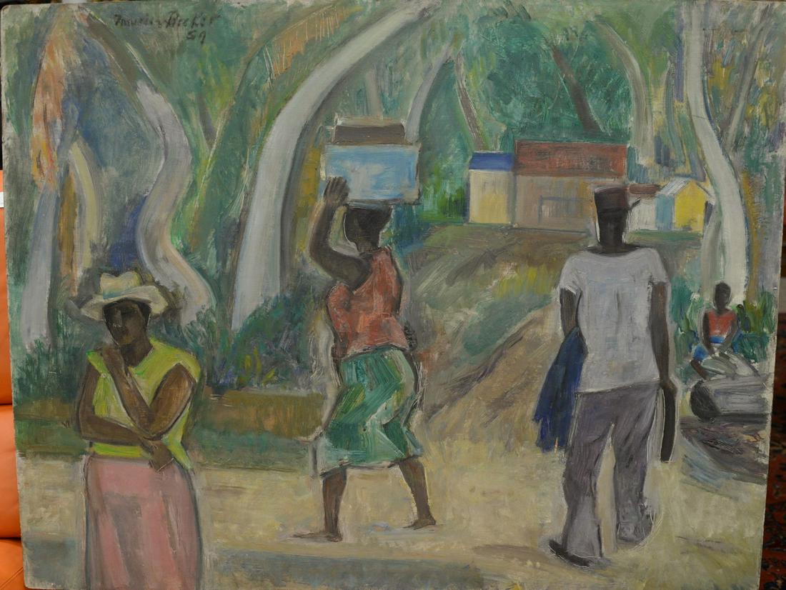 Maurice Becker (American, 1889 - 1975), Trinidad, oil: Maurice Becker (American, 1889 - 1975), Trinidad, oil on Masonite, signed and dated upper left: Maurice Becker, 59; titled and dated on the reverse, 28 1/4" x 36", inscribed: Washington Irving Gallery
