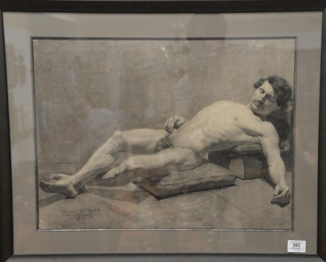 Continental School (19th century), Reclining Male Nude,: Continental School (19th century), Reclining Male Nude, pastel and charcoal on paper, signed and dated indistinctly lower left, sight size 16 1/4" x 21 1/2".