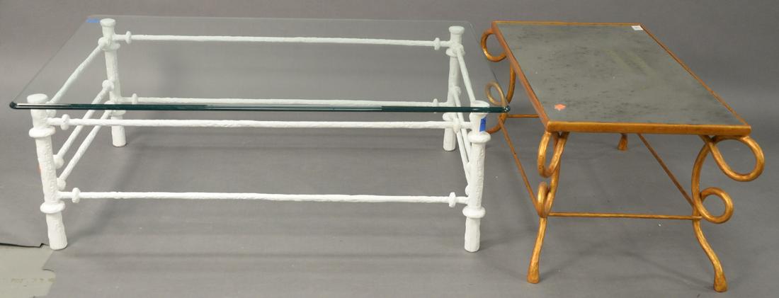 Two Metal Coffee Tables, having mirror tops, height 16: Two Metal Coffee Tables, having mirror tops, height 16 1/2 inches, top: 18" x 32" and height 15 inches, top 29" x 45 1/2".