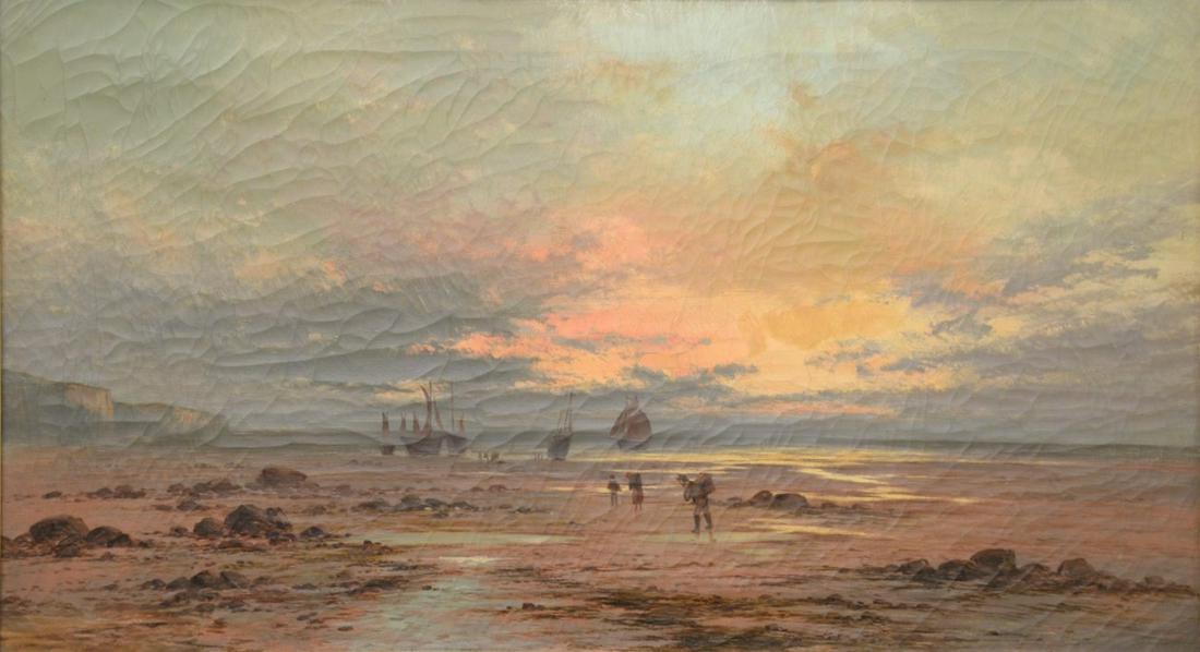 Johannes Mignot (French, 19th century), Sunset Coast of: Johannes Mignot (French, 19th century), Sunset Coast of Wimereux, France, oil on canvas, unsigned, 18" x 32". Provenance: Estate of Ann Dre House, Hohenfeldt, Milwaukee, Wisconsin; Leslie Hindman, Chi