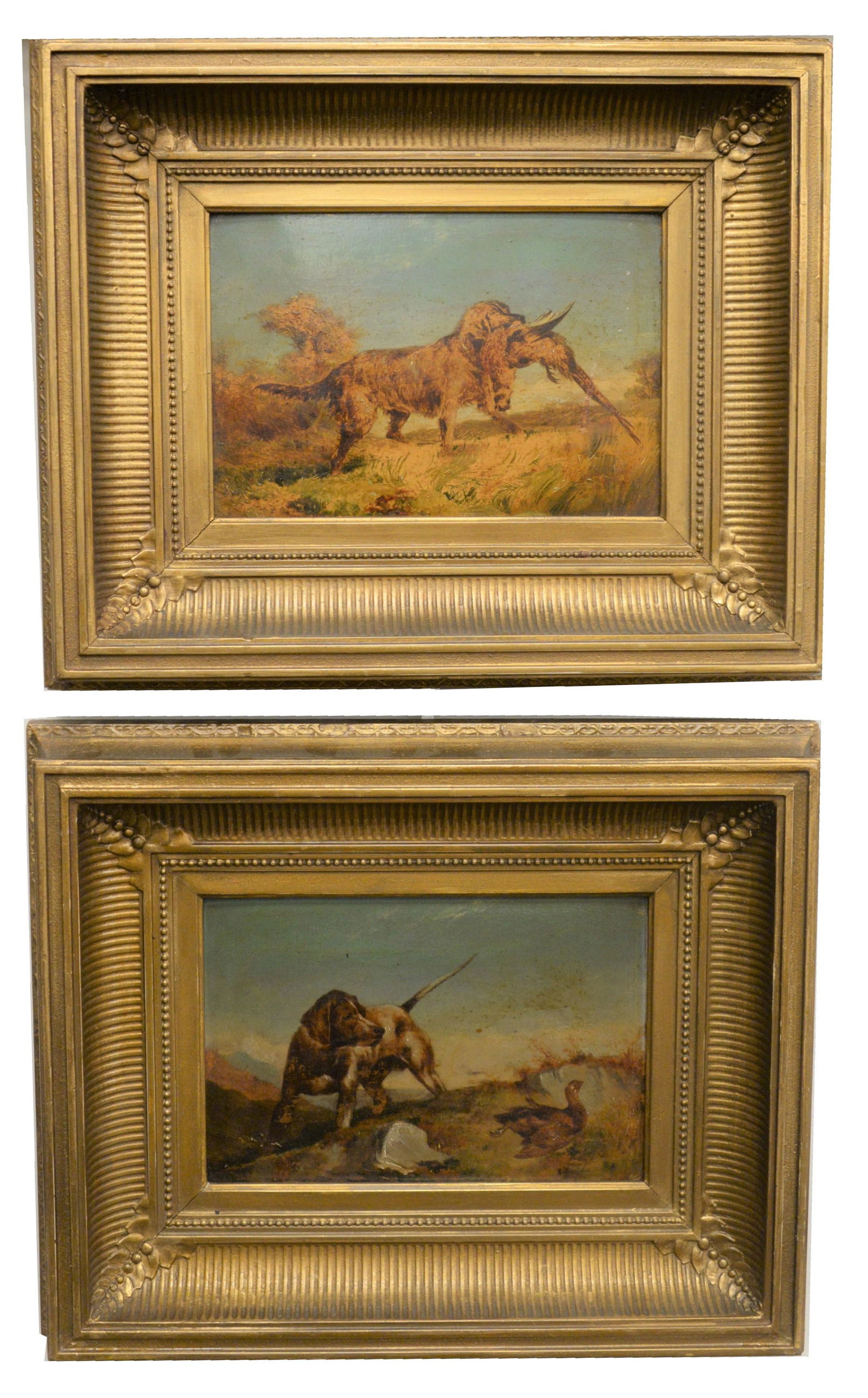 British School (19th century) pair of hunting dog: British School (19th century) pair of hunting dog scenes, oils on board, unsigned, 6 1/4" x 9 1/4".