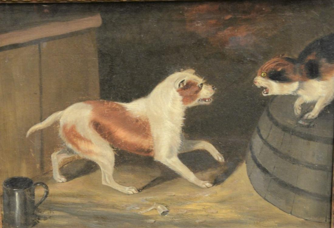 British School (19th century), barn scene with fighting: British School (19th century), barn scene with fighting cat and dog, oil on glue lined canvas, unsigned, a note on the stretcher bar attributes this work to George Armfield, 11" x 15".