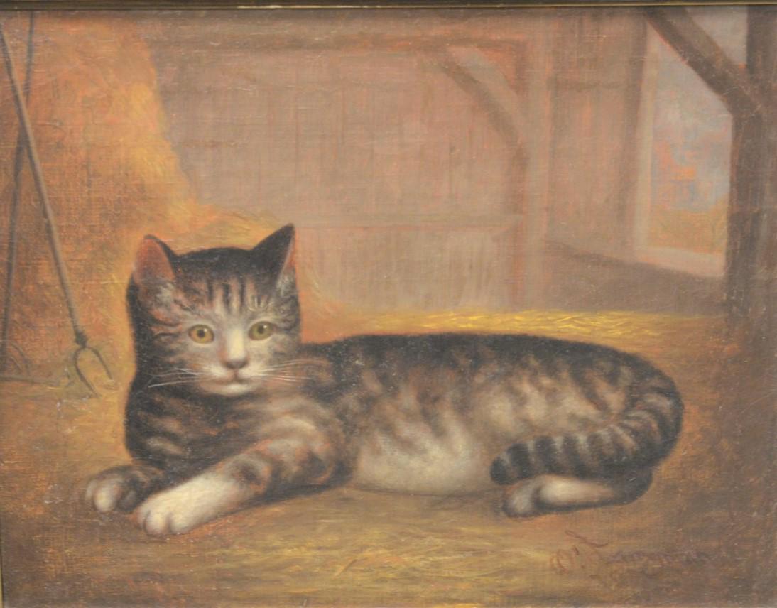 Continental School (19th century), Kitten in a Barn,: Continental School (19th century), Kitten in a Barn, oil on wax lined canvas, signed indistinctly lower right, 14 1/8" x 18 1/4".