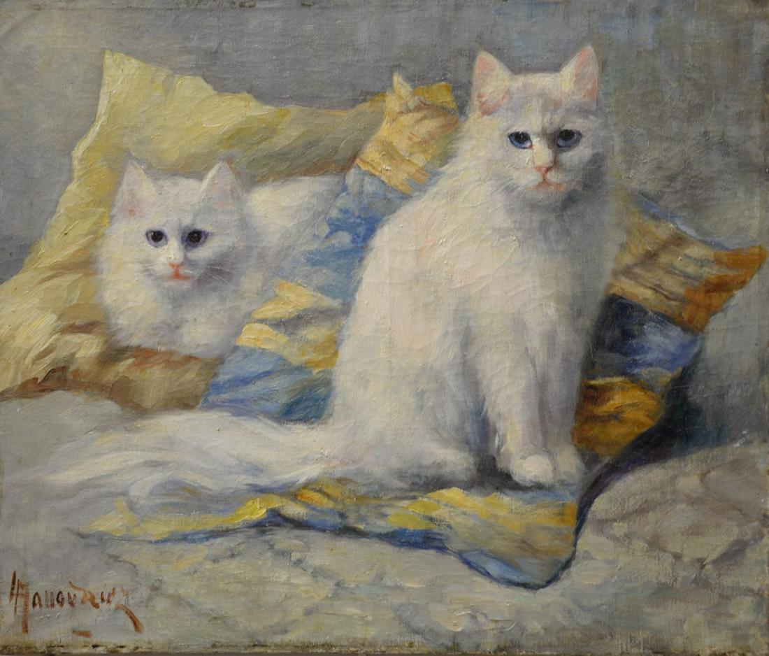 Continental School (19th century), Two Cats, oil on: Continental School (19th century), Two Cats, oil on canvas, signed lower right "L. Mavovricz" 20" x 24".