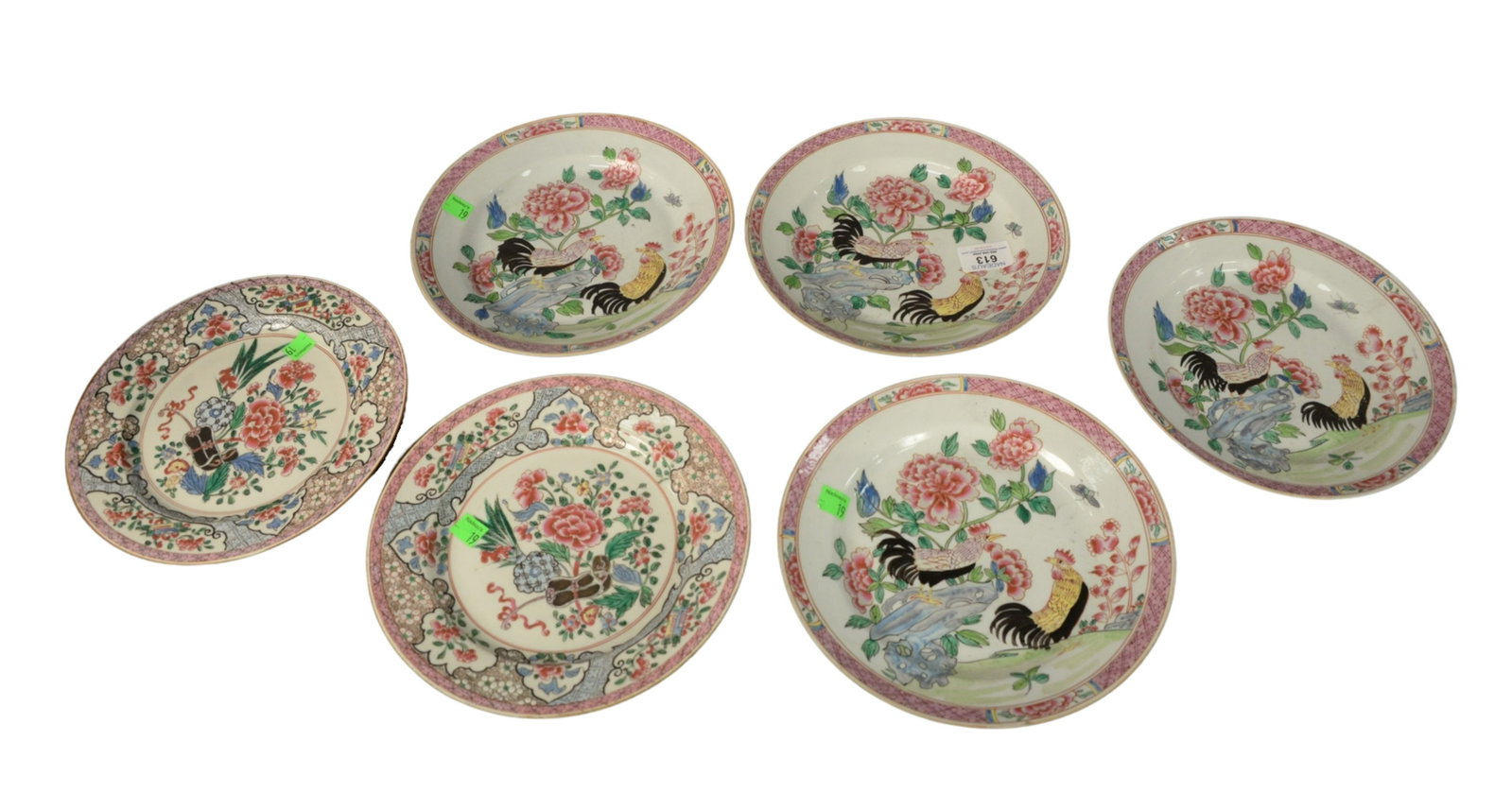 Group of Six Famille Rose Plates, four having painted: Group of Six Famille Rose Plates, four having painted roosters with wildflowers, along with a pair having painted wildflowers, diameter 9 1/4 inches.